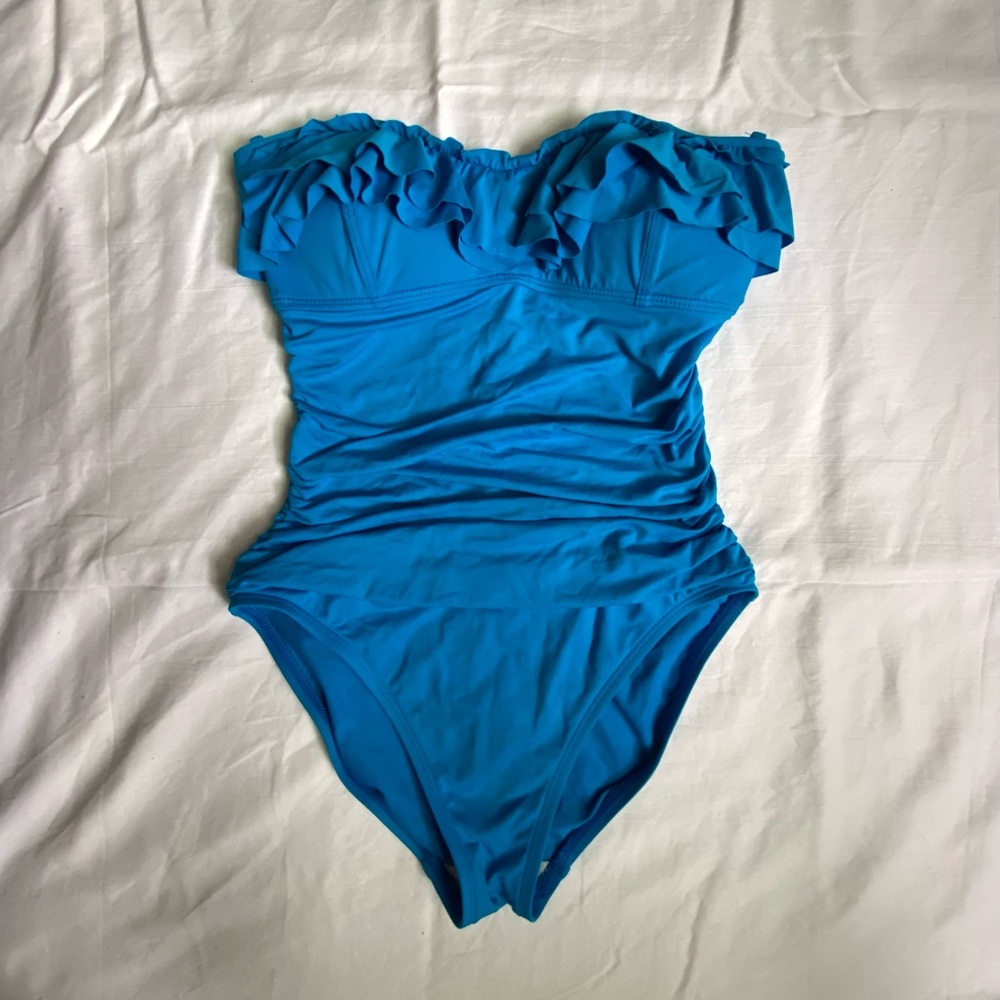 Blue strapless/halter tummy control one piece swimsuit. Size 4/6. Maybe 8